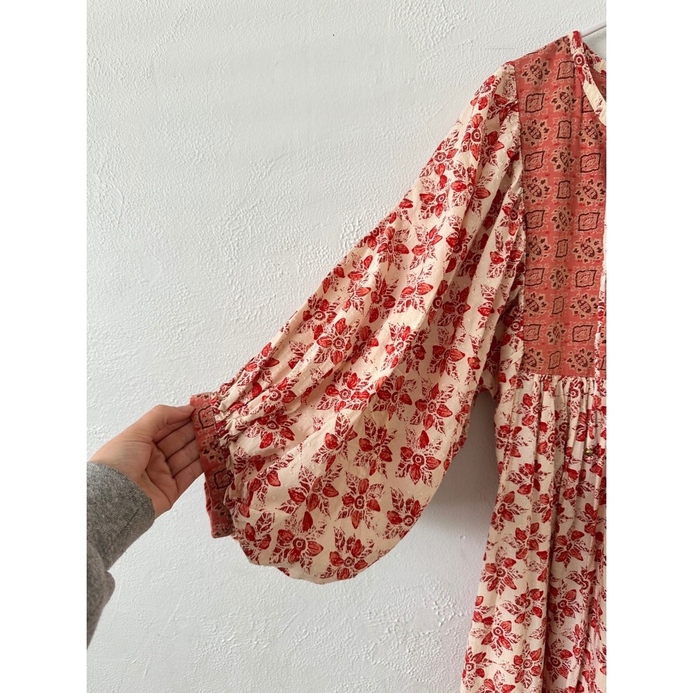 Free People Rare Feelings Maxi Dress Red Floral Boho Balloon Sleeve Size L - Picture 4 of 7